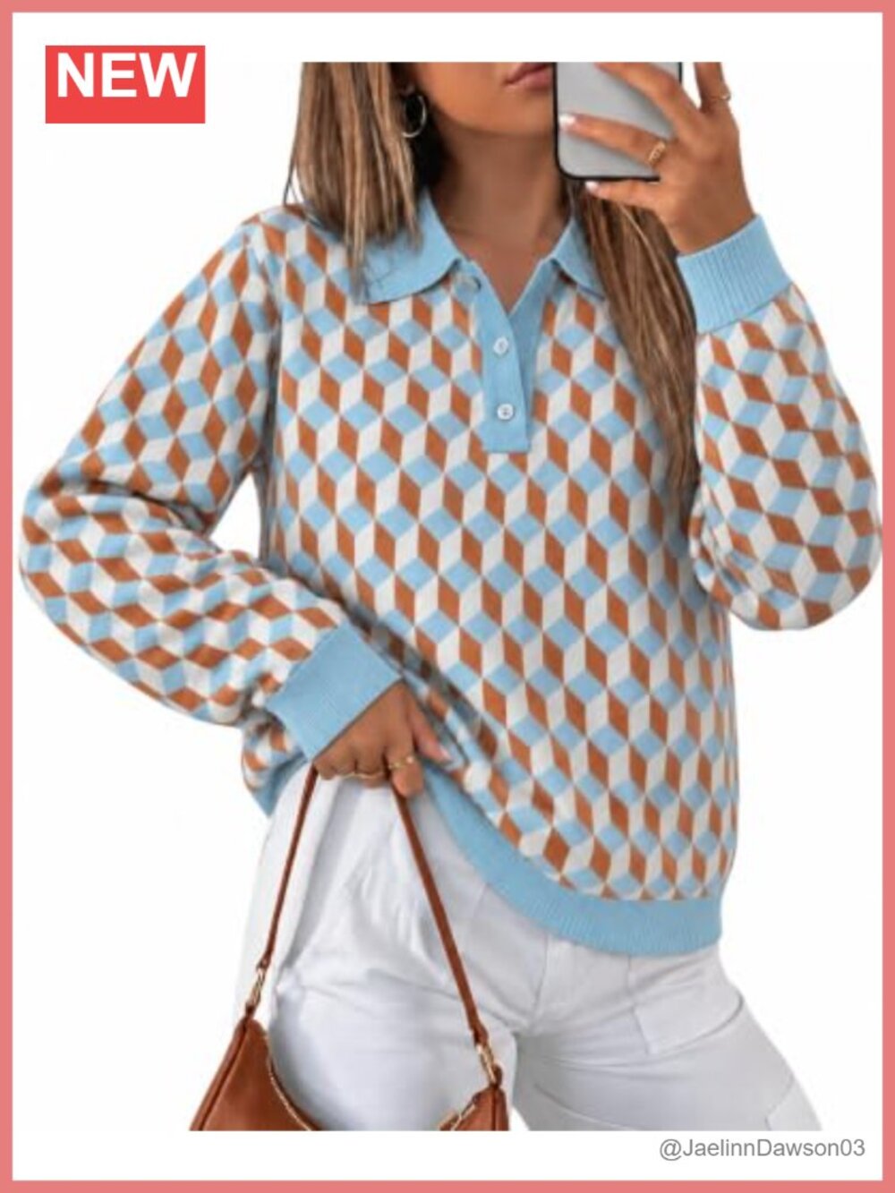 Women's Plaid Knit Polo Sweater Relaxed Fit Long Sleeve Pullover for Fall